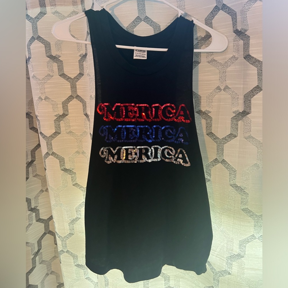 Women’s PINK red, white, and blue sparkly cut off tank top